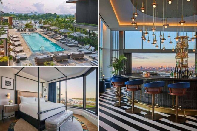 A collage of three hotel photos to stay in Washington DC: a rooftop pool offering a panoramic view of the skyline, a sophisticated bedroom with floor-to-ceiling windows, and an elegant bar with striking design and city views.