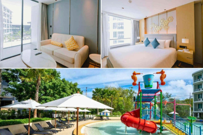 A collage of three hotel photos to stay in Phuket: A minimalist living area with a sofa and circular coffee table, a cozy bedroom with large windows and decorative pillows, and a kid-friendly pool with a red waterslide and colorful play structures.