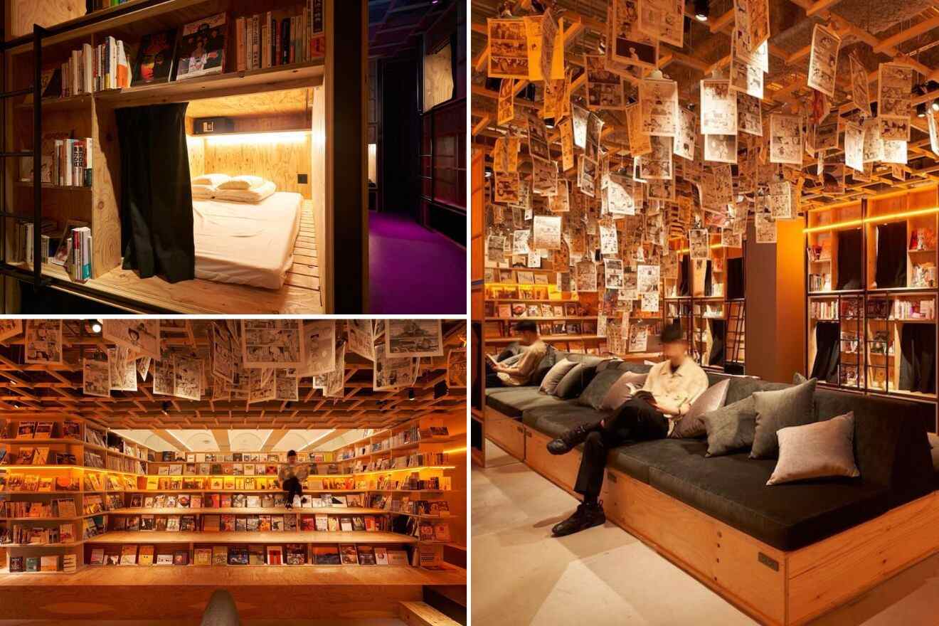 A collage of photos of a cool and unique hotel to stay in Tokyo: a bed tucked into a bookshelf nook, a lounge area surrounded by walls plastered with manga, and a circular library with cozy seating.