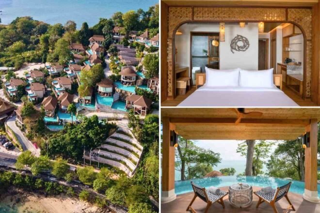 A collage of three hotel photos to stay in Phuket: An aerial view of a coastal resort with blue-roofed villas, an opulent bedroom with intricate wood carvings and a sea view, and a balcony with a private infinity pool overlooking the ocean.