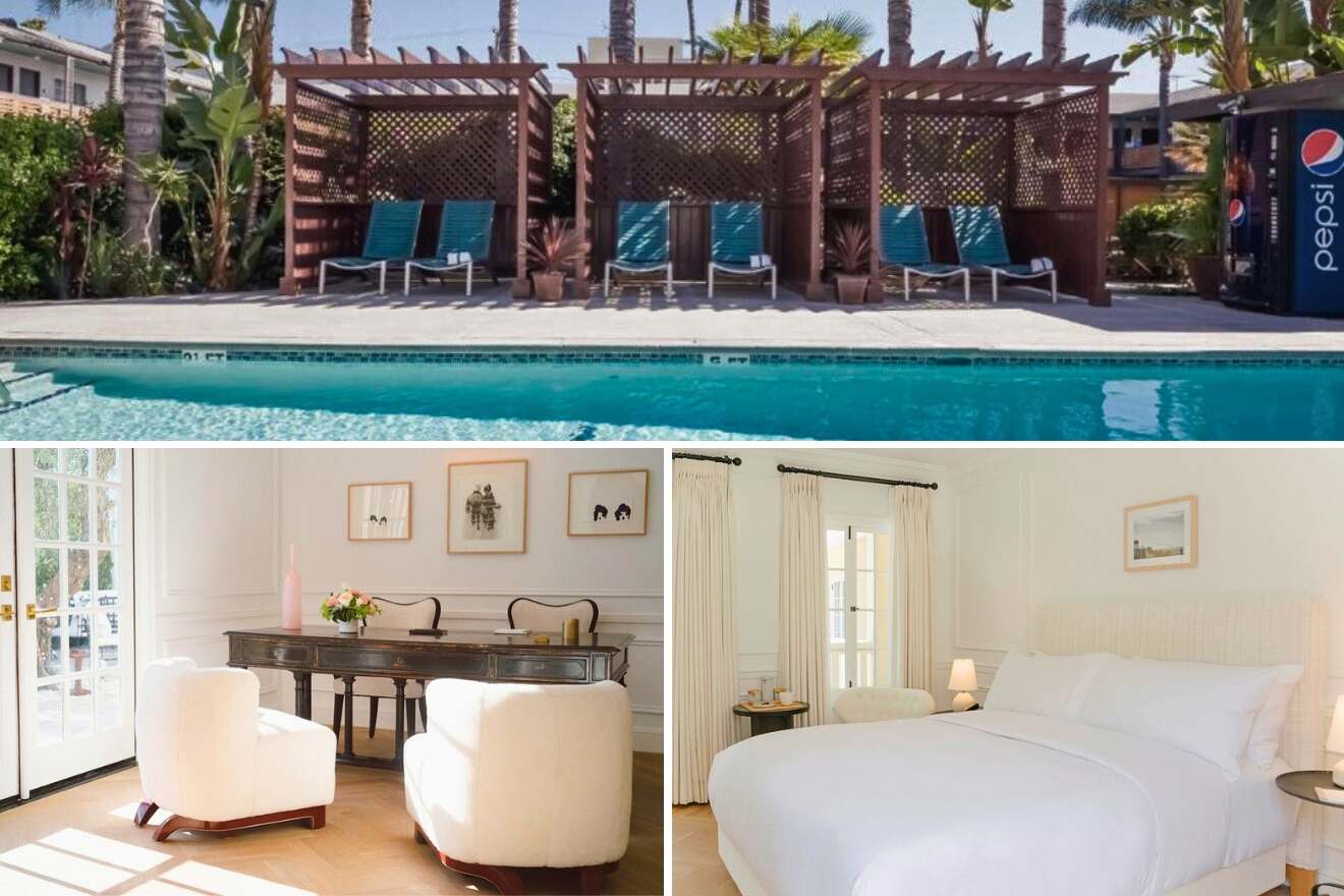 A collage of three hotel photos to stay in Los Feliz, great for families: A secluded pool area with private cabanas and lush tropical plants, an elegant office space with a vintage desk and plush white armchairs, and a serene hotel bedroom with crisp white bedding and French doors opening to sunlight.