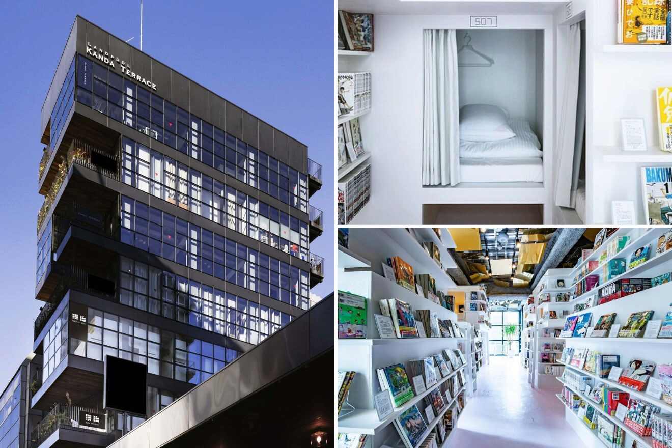 A collage of photos of a cool and unique hotel to stay in Tokyo: a contemporary hotel facade with a boxed design, cozy white-curtained sleeping pods, and a bright library with shelving units full of colorful manga books.