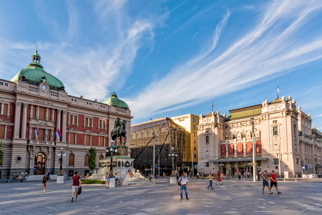 A spacious square in Belgrade with the National Museum and the historic statue of Prince Mihailo on horseback