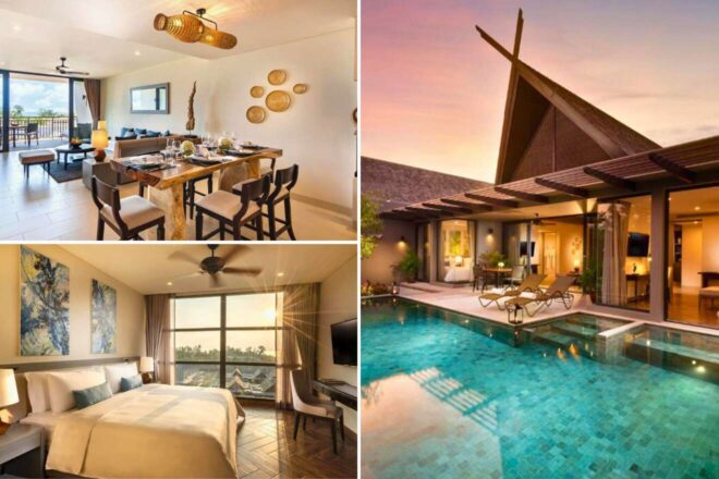 A collage of three hotel photos to stay in Phuket: A spacious dining and living area with ocean views and artistic wall decor, a comfortable bedroom with a balcony overlooking the resort, and an evening shot of a pool villa with a striking roof design and ambient lighting.