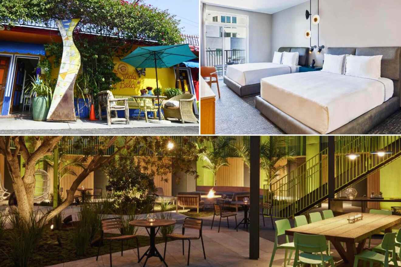 A collage of three hotel photos in Culver City: A colorful and artsy café front with mosaic artwork and outdoor seating under umbrellas, a peaceful garden courtyard with evening lighting and ample greenery, and a modern hotel lounge with vibrant green chairs and wooden table settings.
