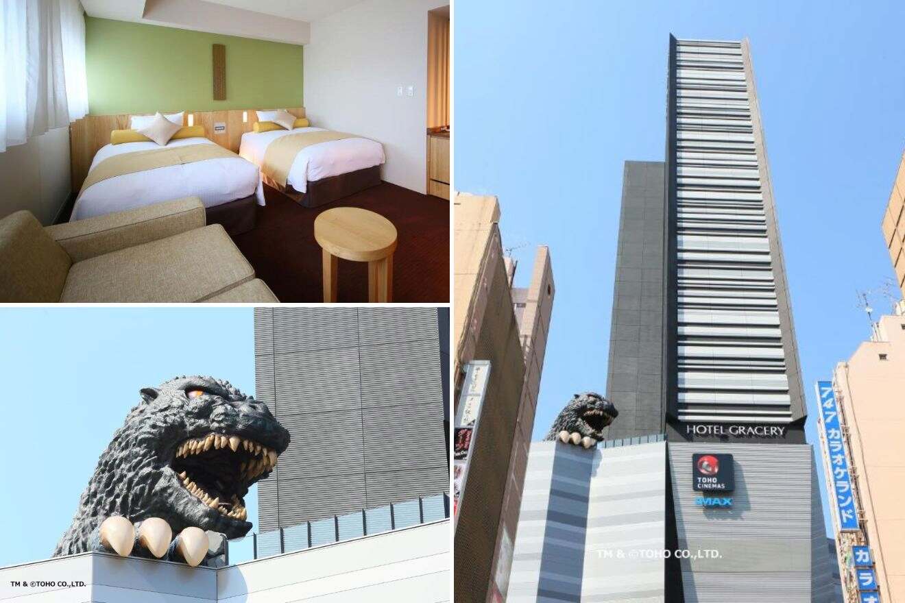 A collage of photos of a cool and unique hotel to stay in Tokyo: a simple hotel room with twin beds and wooden furniture, the imposing head of Godzilla atop the hotel, and the towering hotel building with clear blue skies in the background.