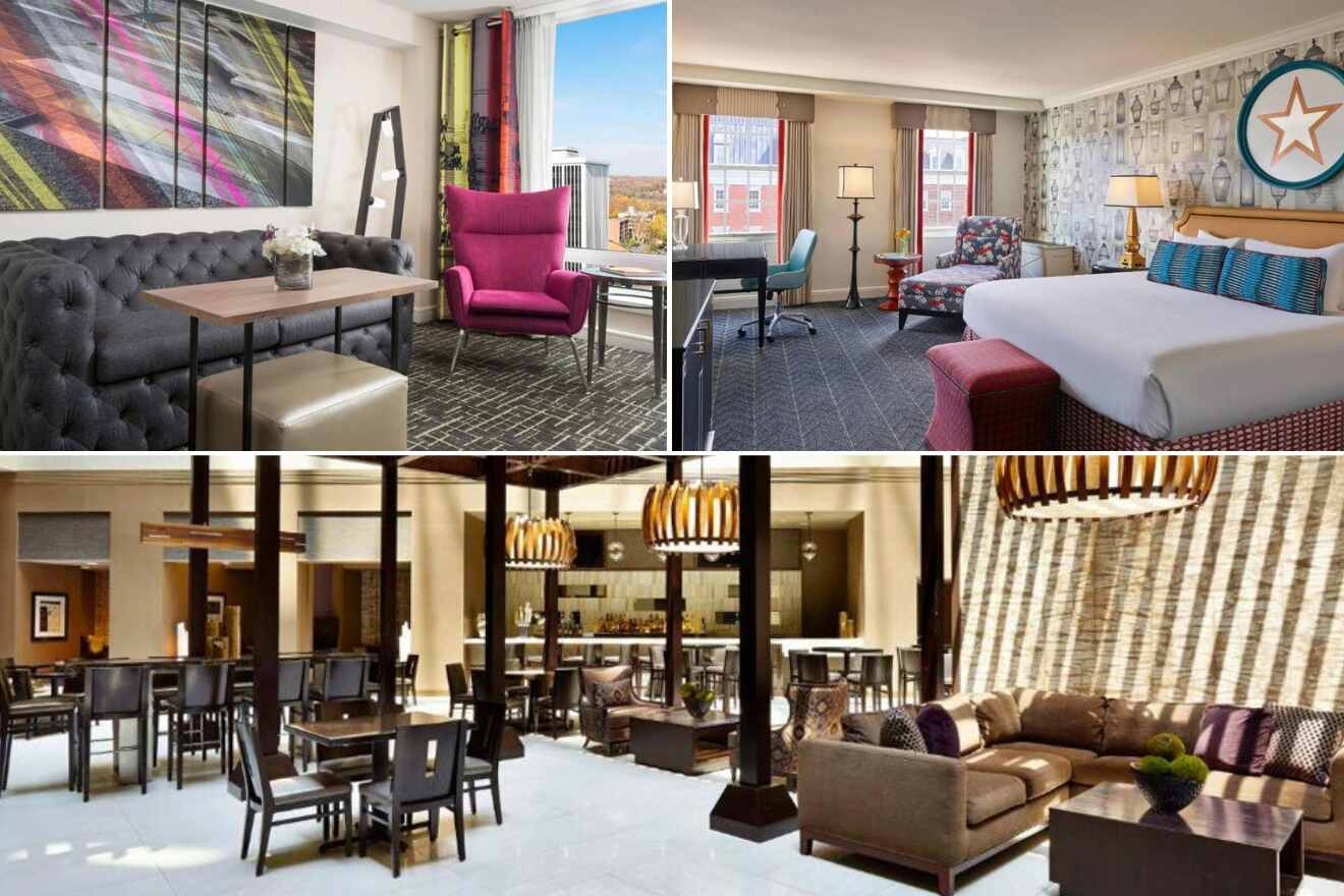 A collage of three hotel photos to stay in Washington DC: a stylish suite with a tufted sofa and vibrant artwork, a warm and inviting bedroom with rich textures, and an elegant dining area with modern lighting and plush seating.