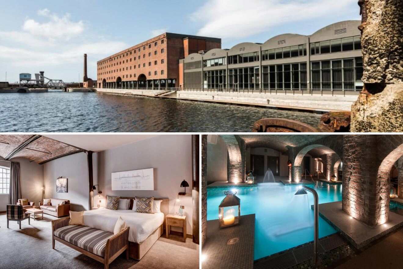 A collage of three hotel photos to stay in Liverpool: the Titanic Hotel's historic red-brick facade by the waterfront, a spacious hotel room with wooden beams and contemporary design, and an exclusive hotel spa with a unique underground pool and arched ceilings