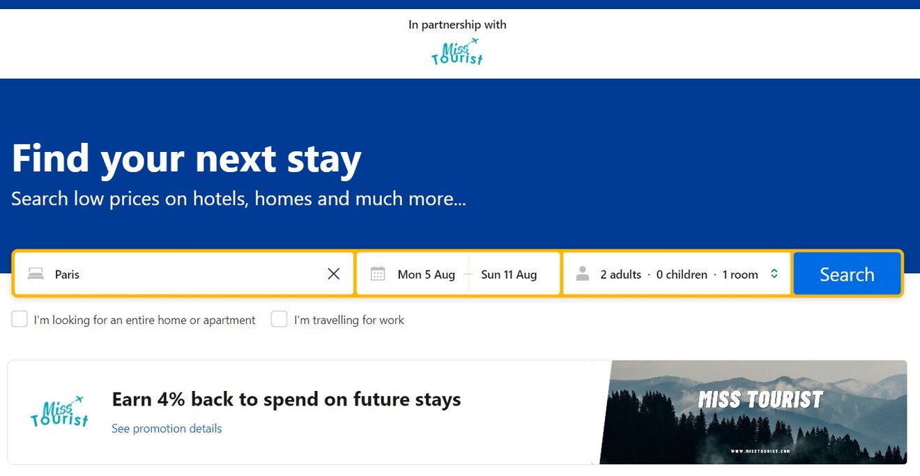 A website header with a search bar inviting users to find their next stay in Paris, showcasing a partnership with Miss Tourist. The banner promotes searching low prices on hotels, homes, and more.
