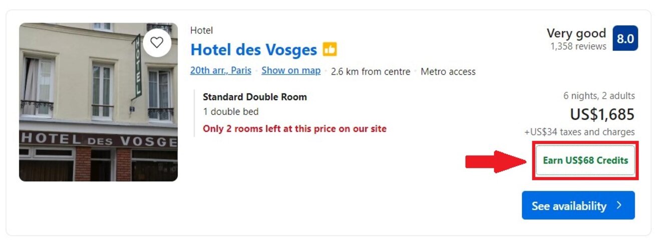 A listing for Hotel des Vosges in Paris, featuring a standard double room with a 'very good' rating and an offer to earn US$68 credits, indicating limited availability with only two rooms left at this price
