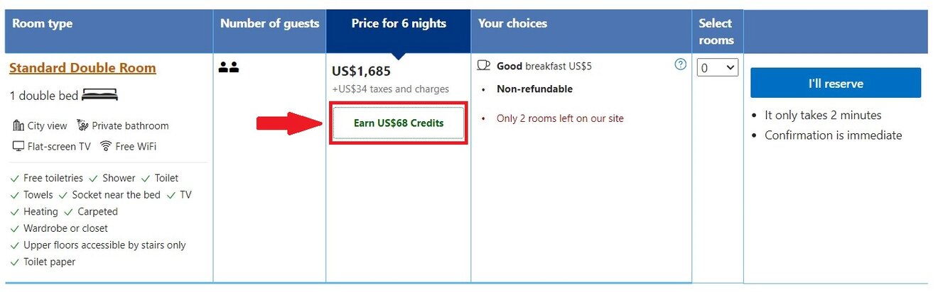 A booking interface showing a standard double room's amenities, total price for six nights, and an offer to earn US$68 credits, with a note about immediate confirmation and a two-minute reservation process
