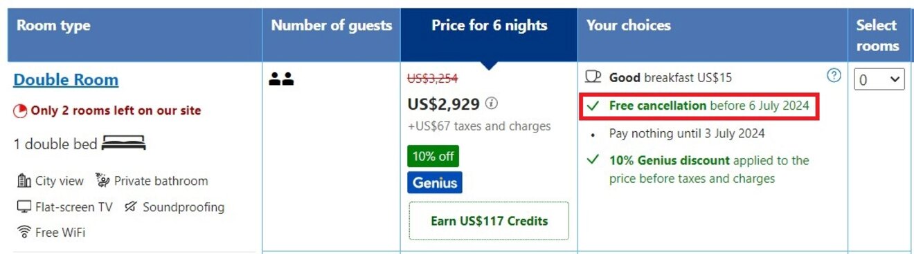 A hotel offer on Booking.com for a double room showing a price for six nights, a 10% Genius discount, the option for free cancellation before July 6th, 2024, and credits earned with booking.