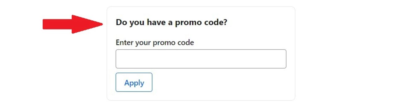 A promotional code entry box on a webpage with the question 'Do you have a promo code?' above an empty text field and a blue 'Apply' button, highlighted by a red arrow pointing towards the text field, inviting users to enter their discount code for savings