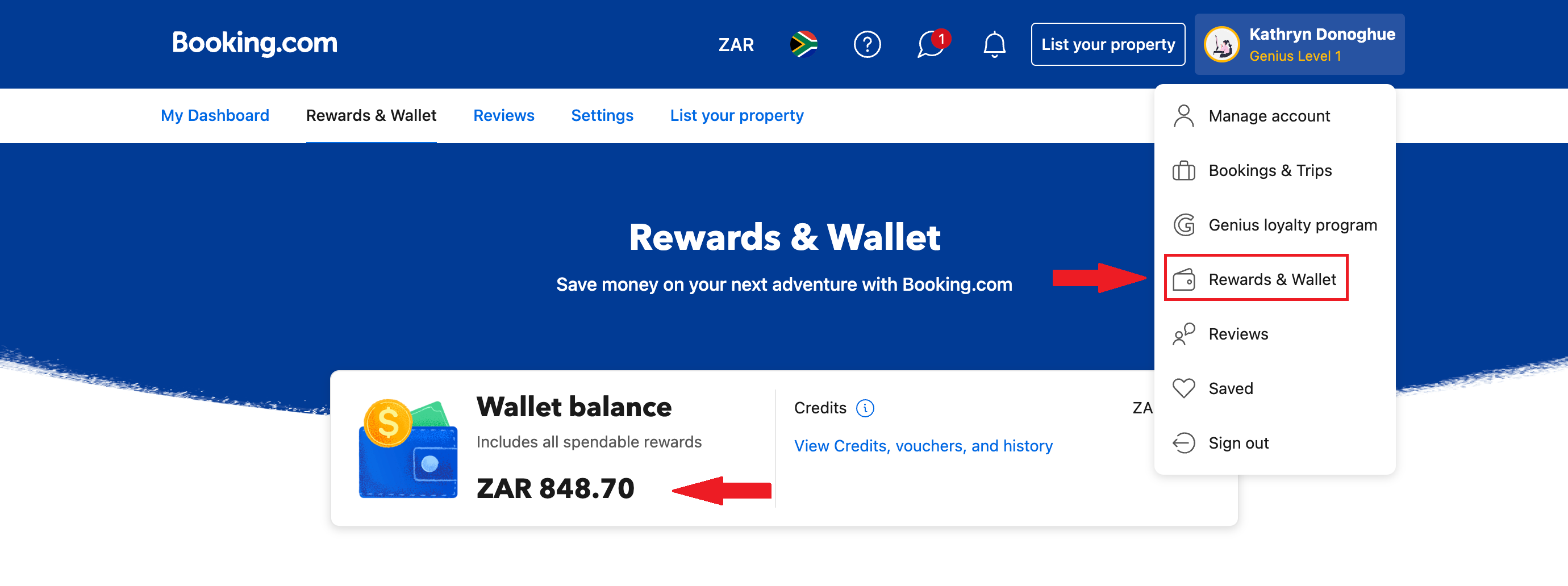 A user's rewards and wallet section on Booking.com, highlighting a wallet balance and the option to save money on future adventures with Booking.com, accompanied by an image of the Miss Tourist logo