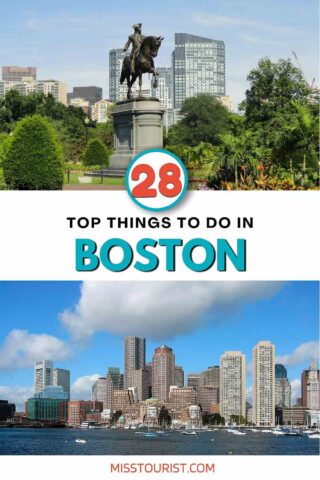 Guide cover for '28 Top Things to Do in Boston' showing a bronze equestrian statue in a lush park with modern buildings in the background, and the Boston waterfront cityscape, from misstourist.com