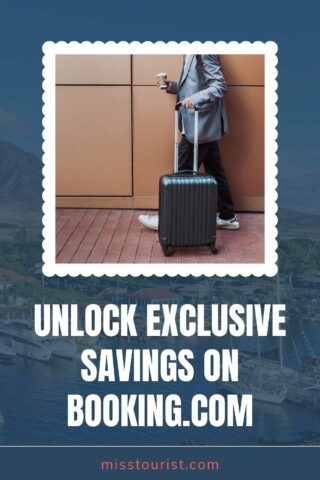 Promotional image featuring a businessman with a suitcase and a coffee cup, partially cropped, with the text 'UNLOCK EXCLUSIVE SAVINGS ON BOOKING.COM' overlaid on a scenic background of mountains and a harbor, with the Miss Tourist logo at the bottom