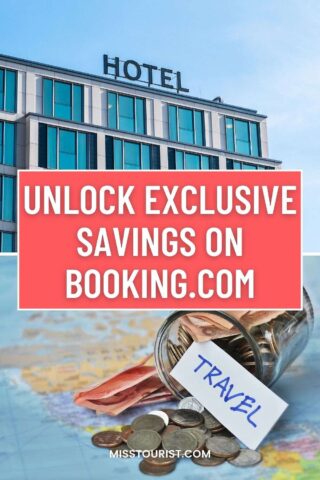 Advertisement showcasing a hotel facade with a red overlay reading 'UNLOCK EXCLUSIVE SAVINGS ON BOOKING.COM' with a clear jar of money labeled 'TRAVEL' in the foreground, indicating potential savings on travel bookings via Miss Tourist's partnership with Booking.com
