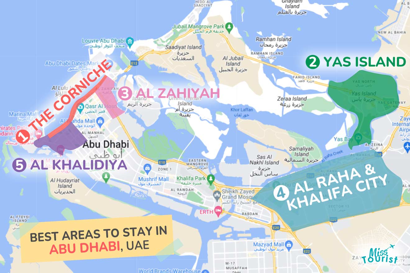 A colorful map highlighting the best areas to stay in Abu-Dhabi, with numbered locations and labels for easy navigation