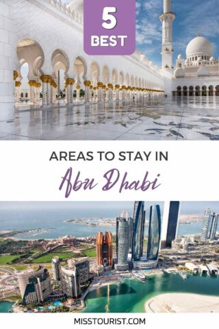Promotional graphic featuring '5 Best Areas to Stay in Abu Dhabi' with images of Sheikh Zayed Grand Mosque and the Abu Dhabi skyline.
