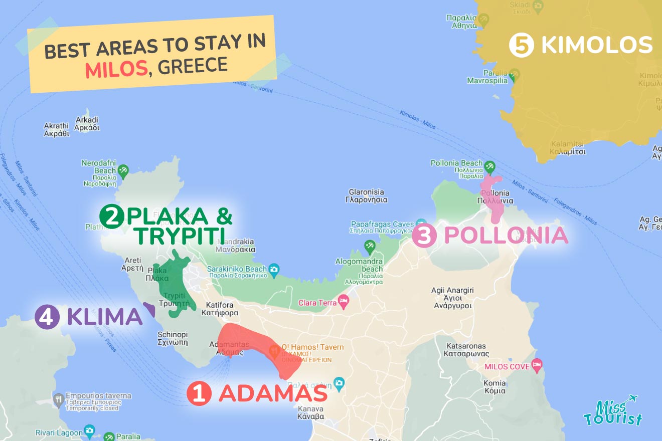 A colorful map highlighting the best areas to stay in Milos, with numbered locations and labels for easy navigation