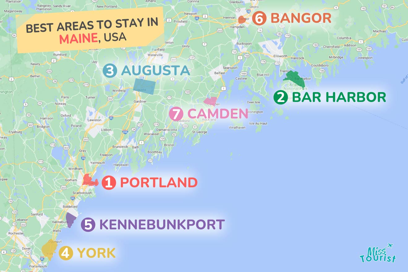 A colorful map highlighting the best areas to stay in Maine, with numbered locations and labels for easy navigation