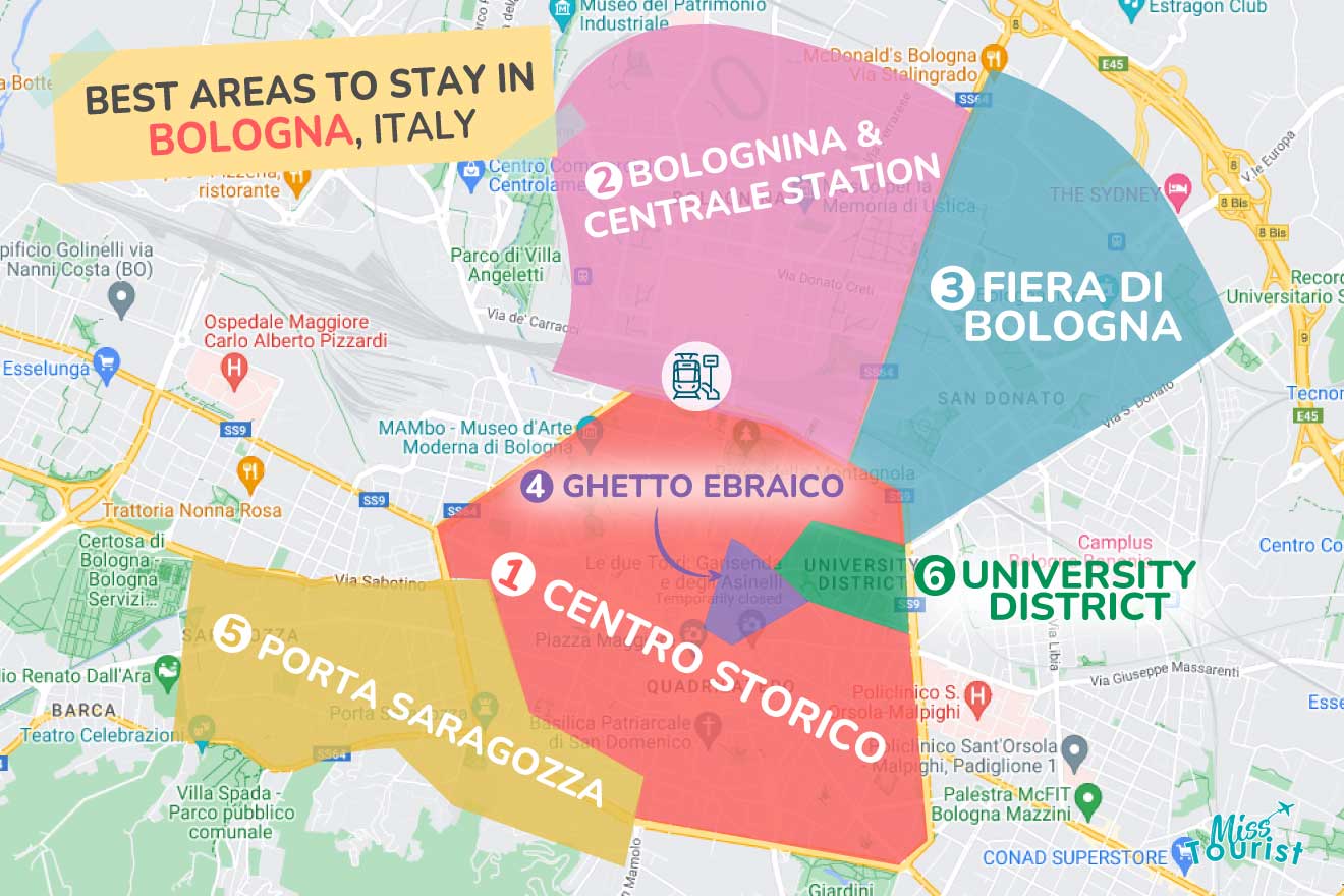 A colorful map highlighting the best areas to stay in Bologna, with numbered locations and labels for easy navigation