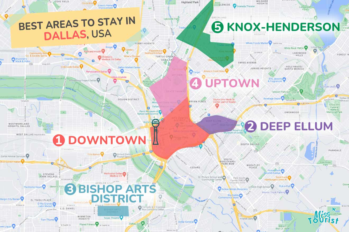 A colorful map highlighting the best areas to stay in Dallas, with numbered locations and labels for easy navigation