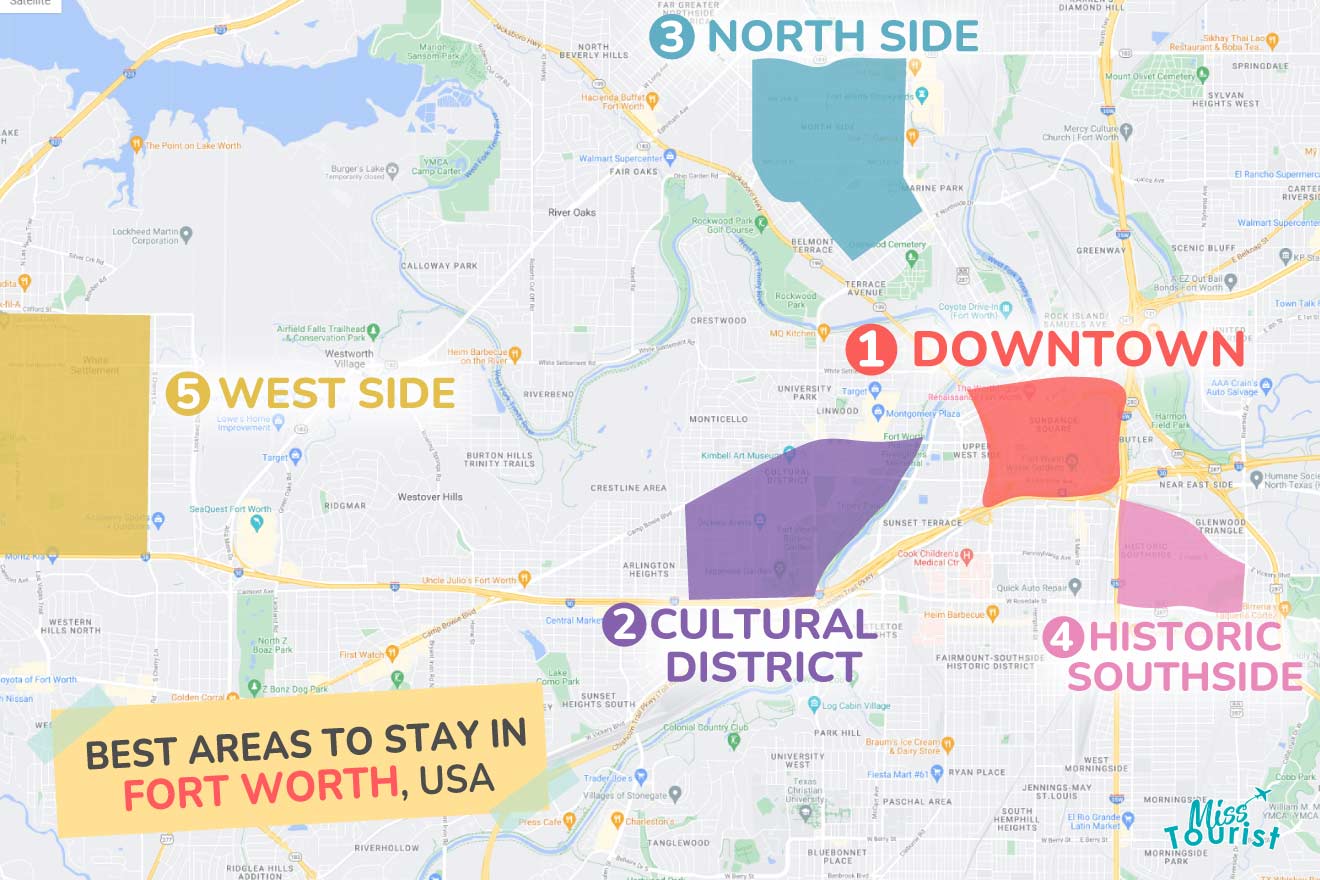 A colorful map highlighting the best areas to stay in Fort Worth, with numbered locations and labels for easy navigation