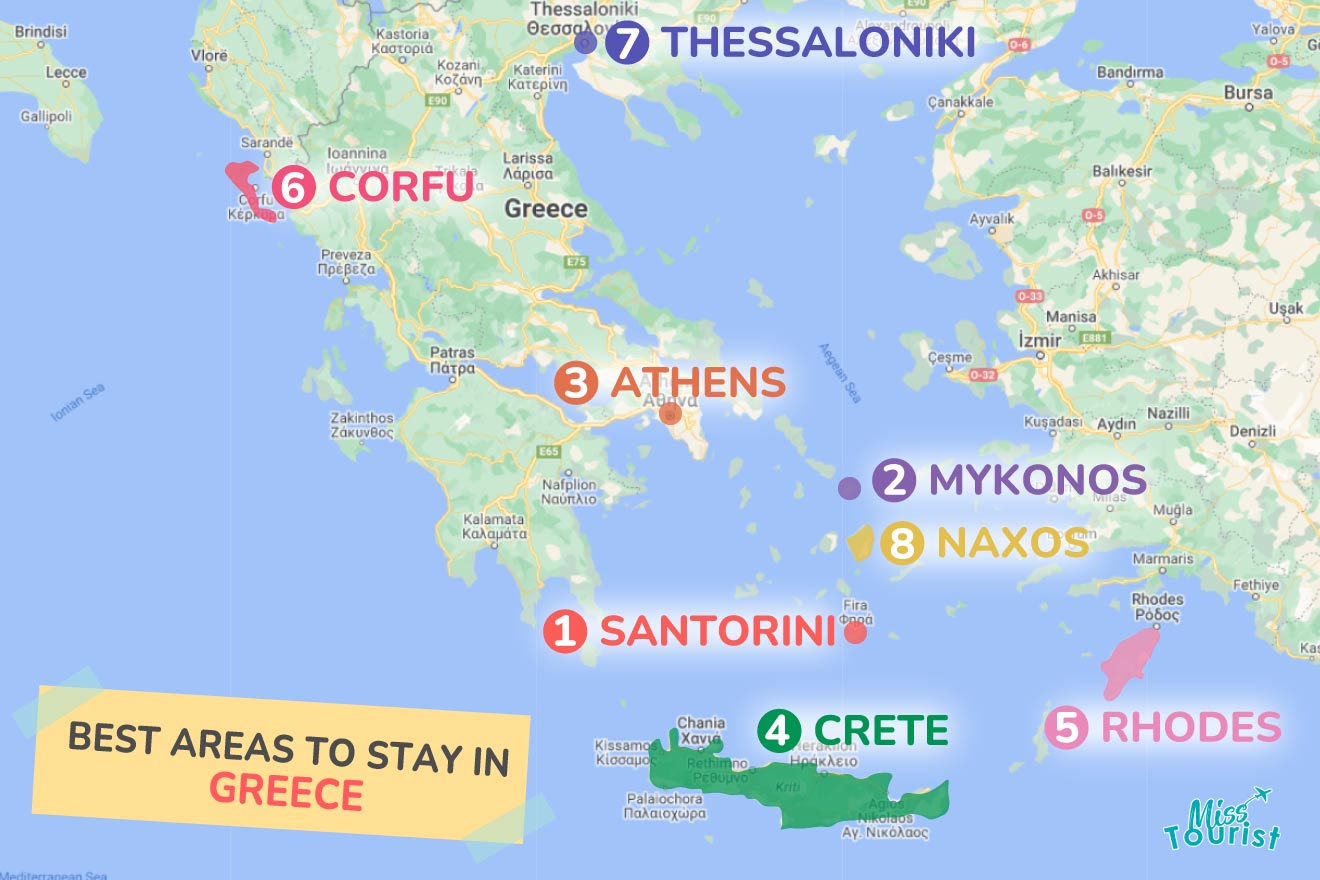 A colorful map highlighting the best areas to stay in Greece, with numbered locations and labels for easy navigation