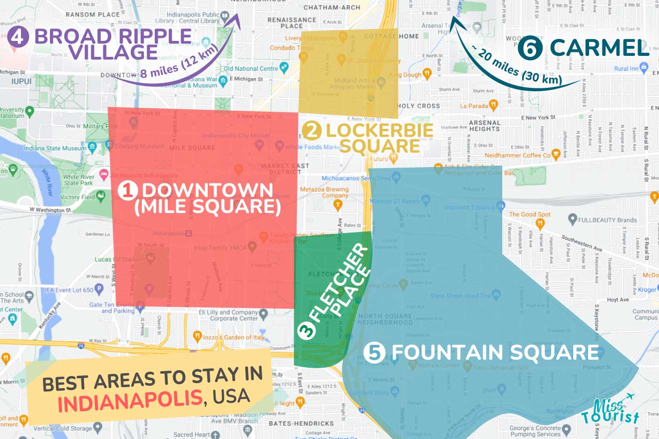 A colorful map highlighting the best areas to stay in Indianapolis, with numbered locations and labels for easy navigation