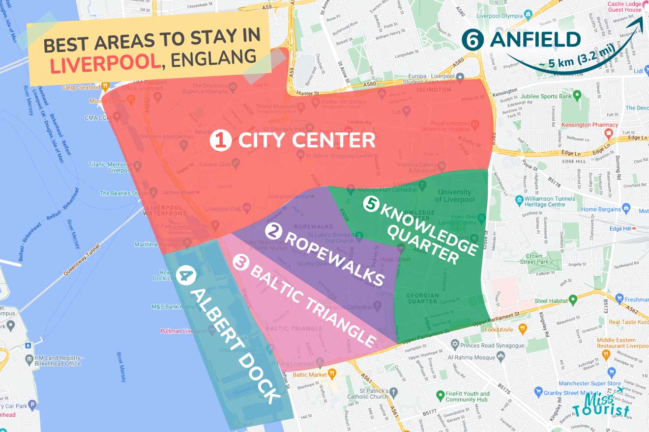 A colorful map highlighting the best areas to stay in Liverpool, with numbered locations and labels for easy navigation