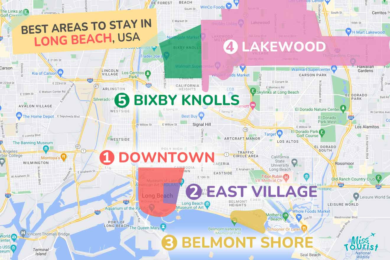 A colorful map highlighting the best areas to stay in Long Beach, with numbered locations and labels for easy navigation
