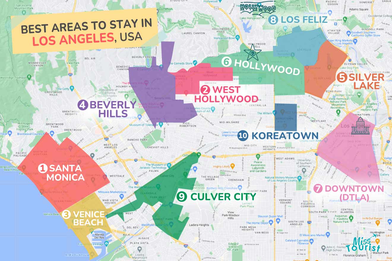 A colorful map highlighting the best areas to stay in Los Angeles, with numbered locations and labels for easy navigation