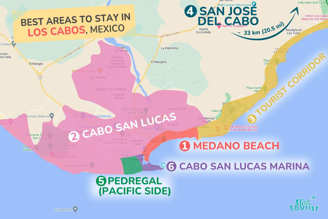 A colorful map highlighting the best areas to stay in Los Cabos, with numbered locations and labels for easy navigation