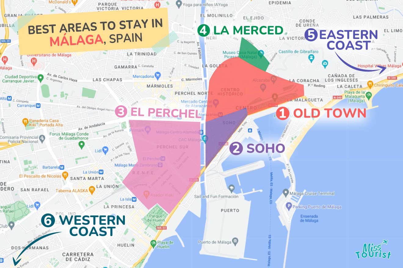 A colorful map highlighting the best areas to stay in Malaga, with numbered locations and labels for easy navigation