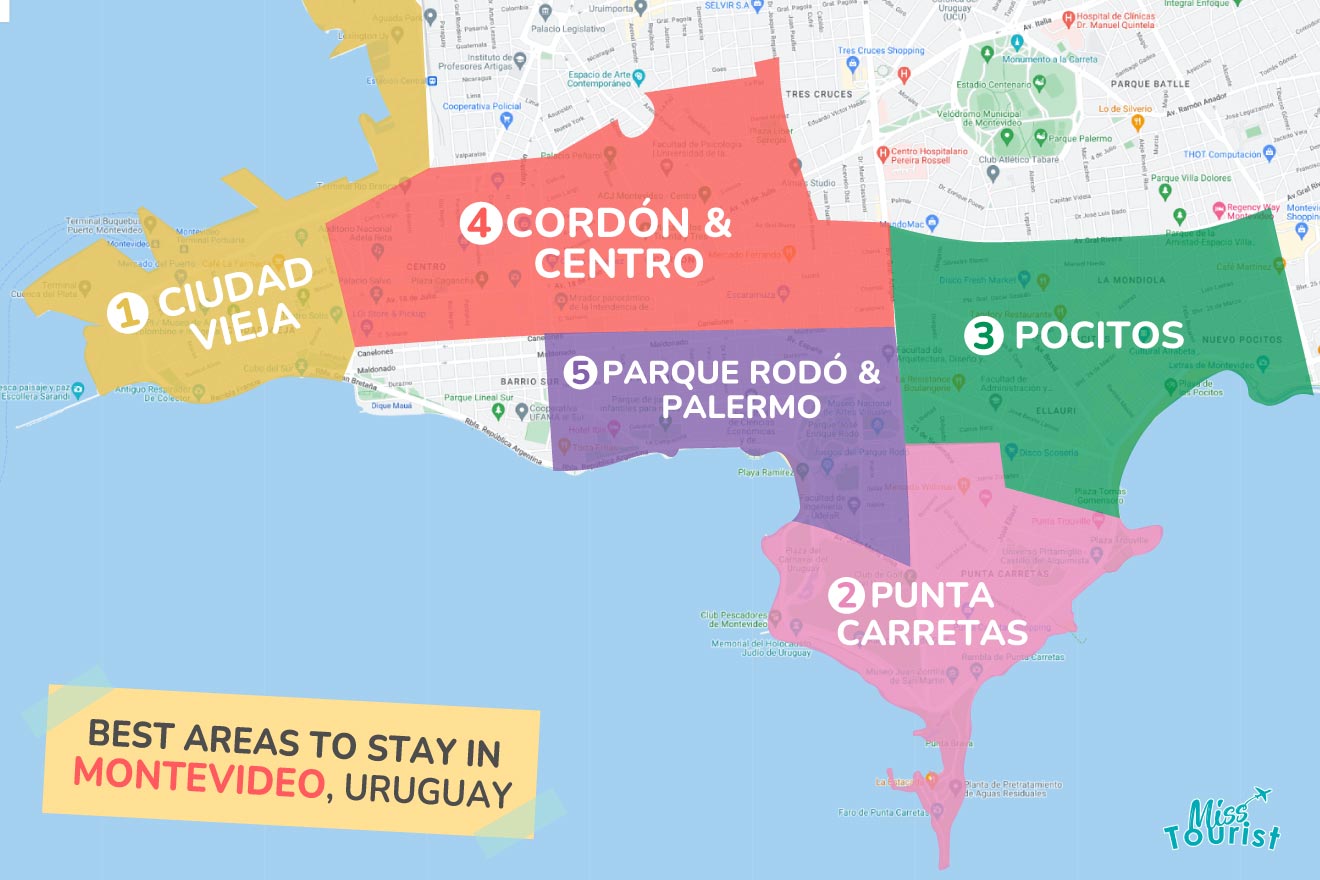 A colorful map highlighting the best areas to stay in Montevideo, with numbered locations and labels for easy navigation