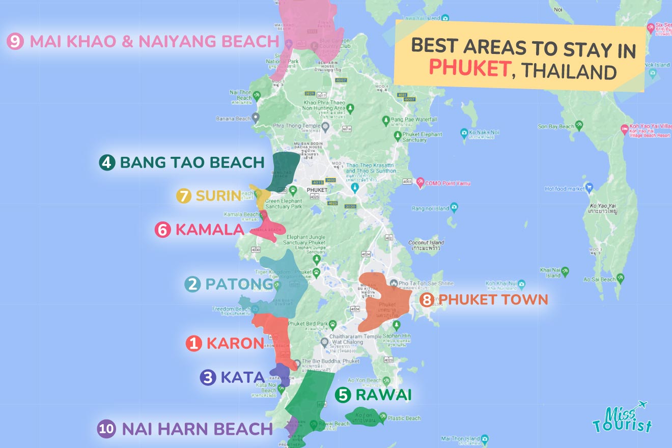 A colorful map highlighting the best areas to stay in Phuket, with numbered locations and labels for easy navigation