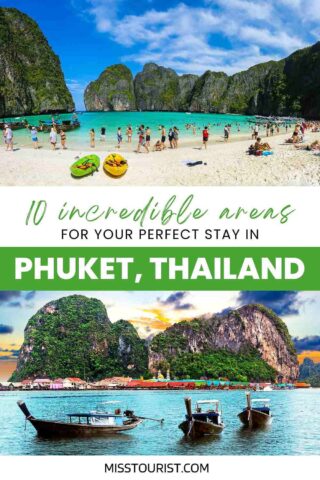 Travel guide banner for '10 Incredible Areas for Your Perfect Stay in Phuket, Thailand,' showcasing the vibrant beach life with tourists, colorful kayaks on white sand, traditional longtail boats, and a scenic view of emerald waters and cliff islands