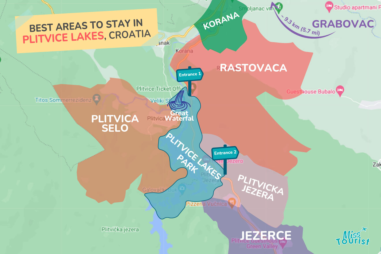 A colorful map highlighting the best areas to stay in Plitvice-Lakes, with numbered locations and labels for easy navigation