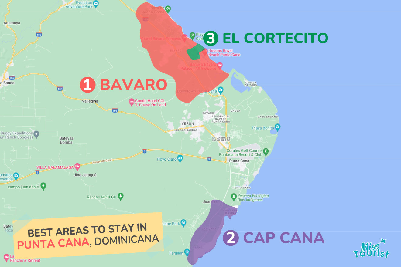 A colorful map highlighting the best areas to stay in Punta Cana, with numbered locations and labels for easy navigation