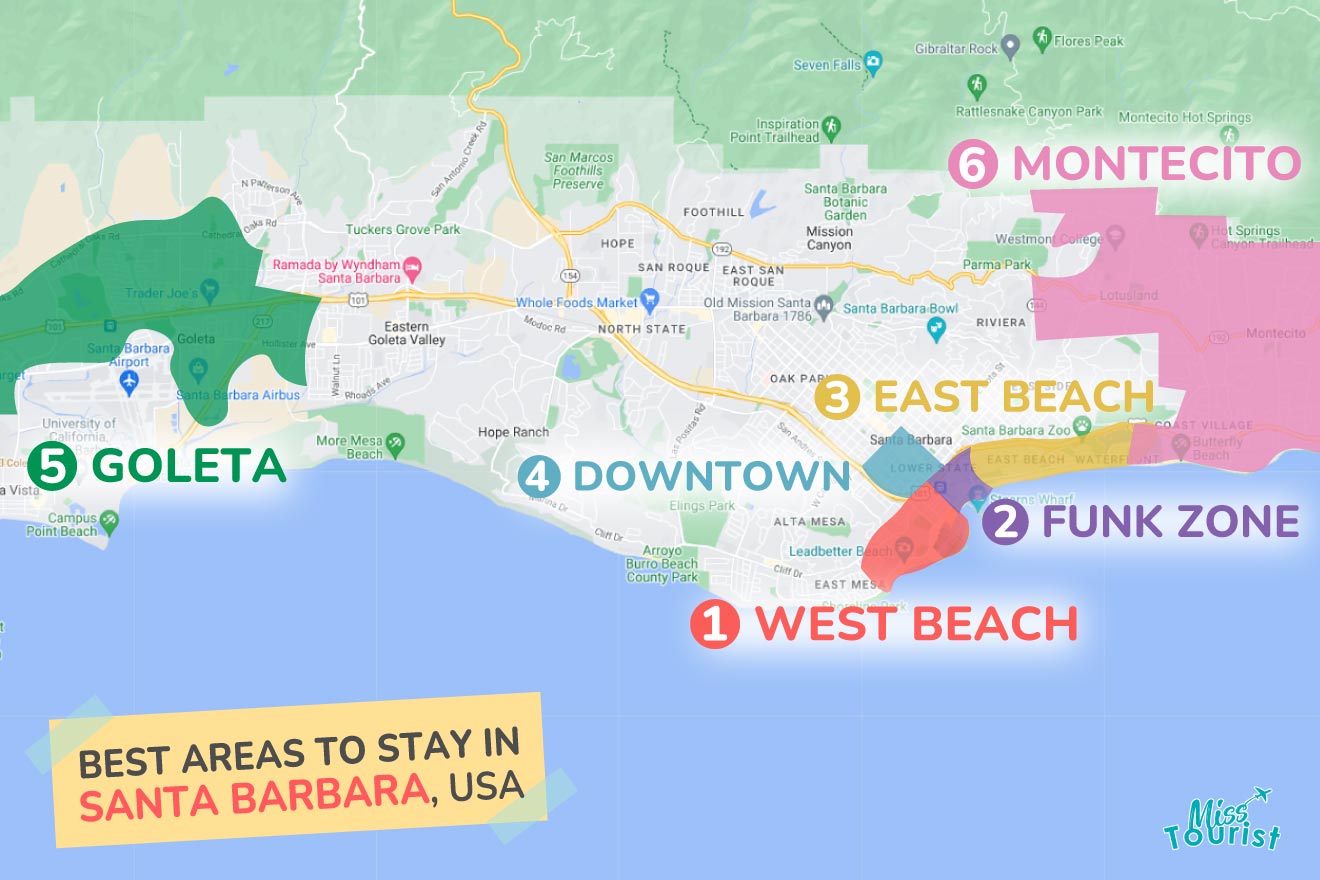 A colorful map highlighting the best areas to stay in Santa-Barbara, with numbered locations and labels for easy navigation