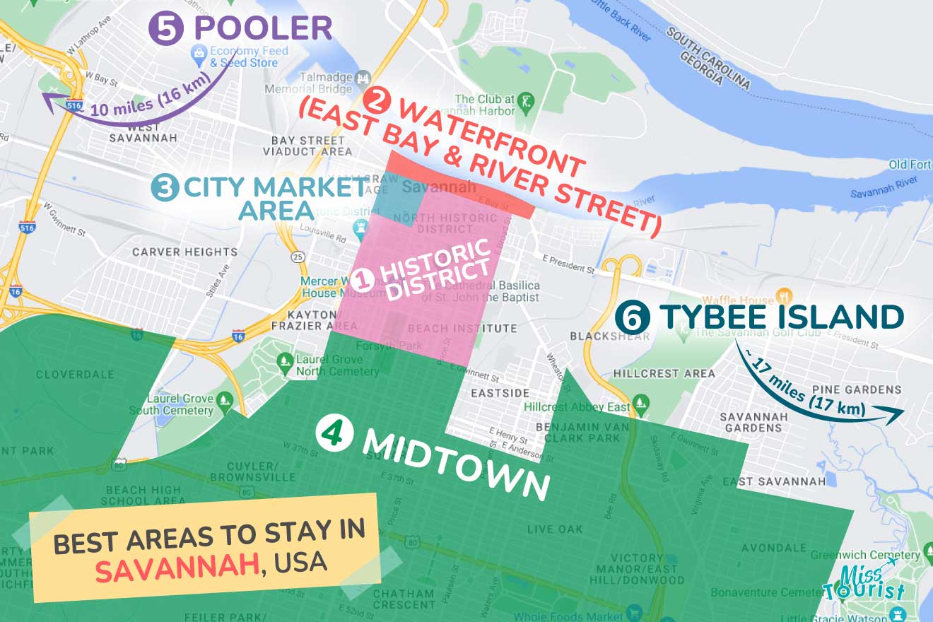 A colorful map highlighting the best areas to stay in Savannah, with numbered locations and labels for easy navigation