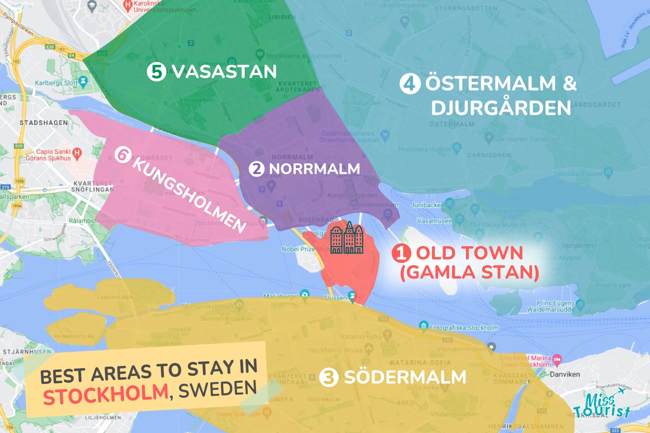A colorful map highlighting the best areas to stay in Stockholm, with numbered locations and labels for easy navigation