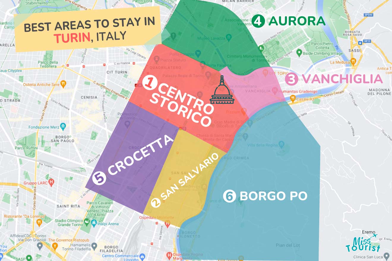 A colorful map highlighting the best areas to stay in Turin, with numbered locations and labels for easy navigation