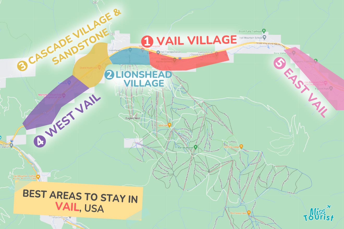A colorful map highlighting the best areas to stay in Vail, with numbered locations and labels for easy navigation
