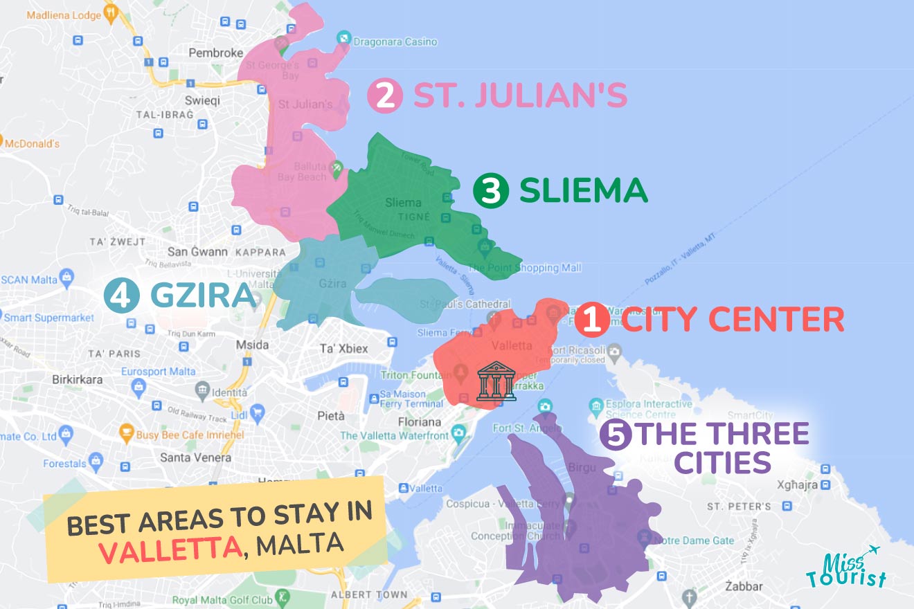 A colorful map highlighting the best areas to stay in Valletta, with numbered locations and labels for easy navigation