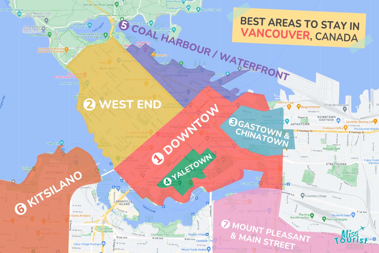 A colorful map highlighting the best areas to stay in Vancouver, with numbered locations and labels for easy navigation