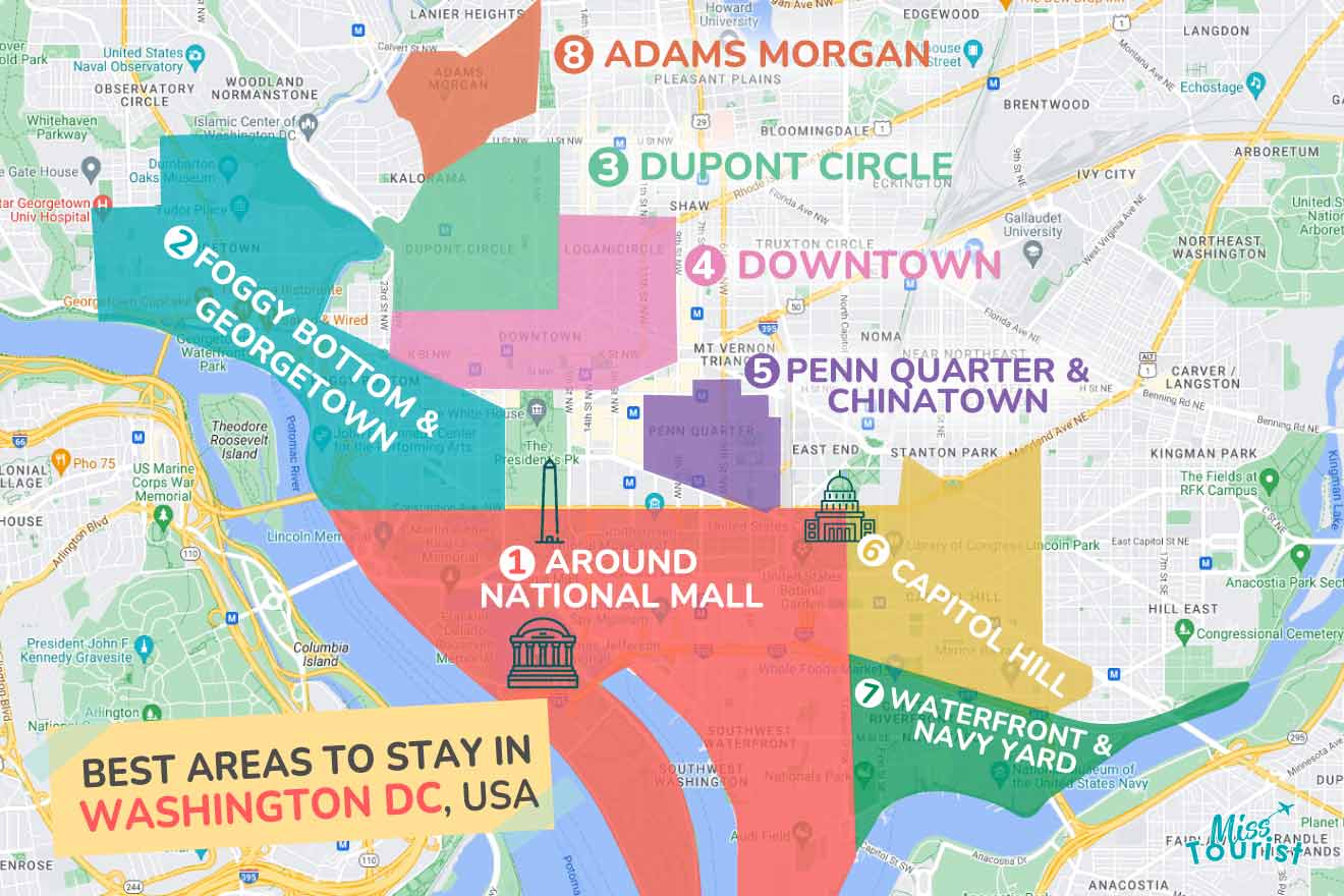 A colorful map highlighting the best areas to stay in Washington DC, with numbered locations and labels for easy navigation