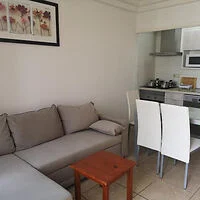 A small living room with a grey sectional sofa, a wooden side table, a dining table with four white chairs, and a compact kitchen area in the background.