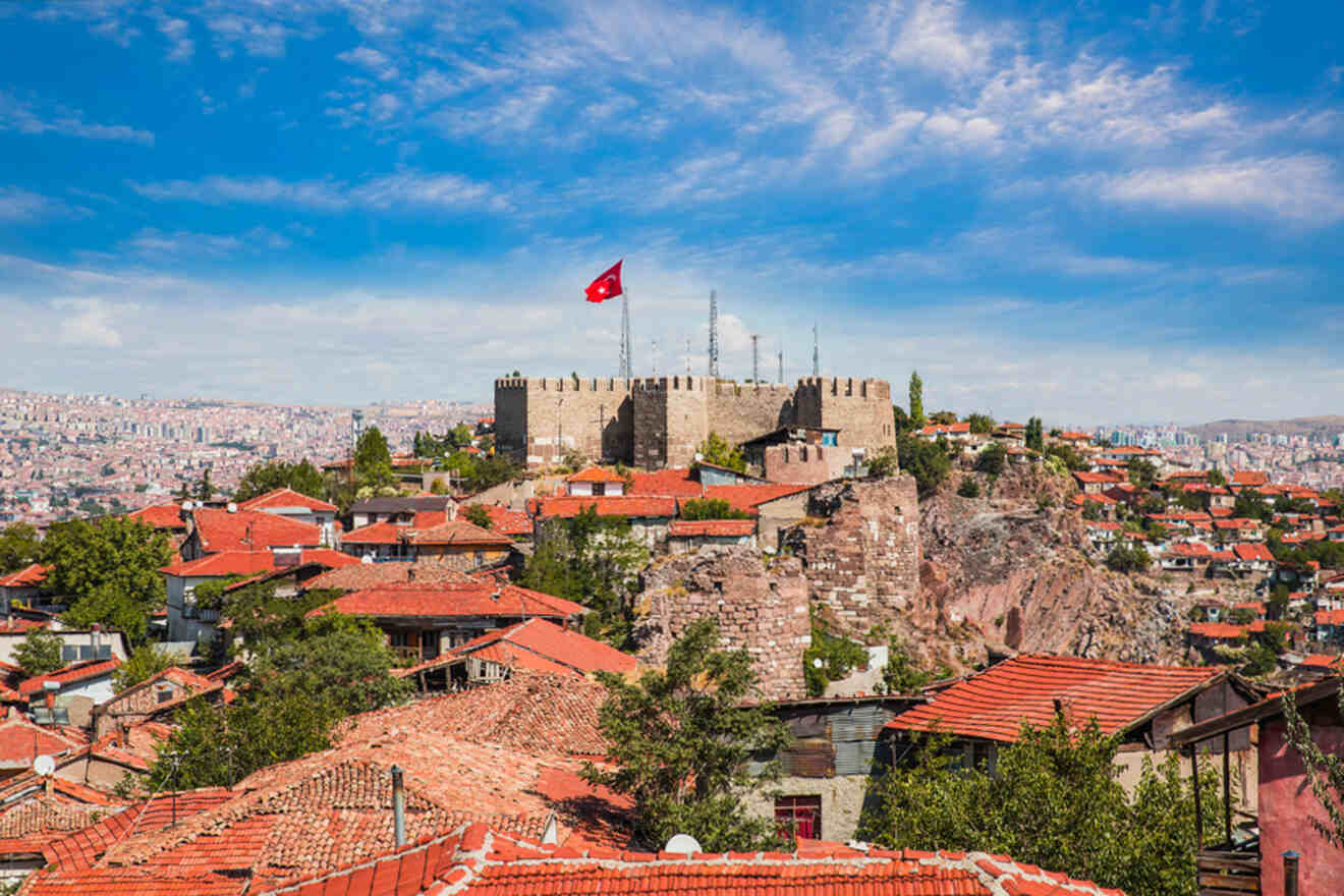 panoramic view of Ankara, Turkey, featuring the ancient Ankara Castle with the Turkish flag flying atop, surrounded by traditional red-roofed houses cascading down the hill, against a backdrop of the modern city skyline under a clear blue sky